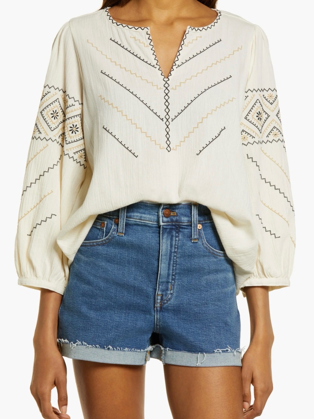 Madewell Cream Embroidered Peasant Blouse